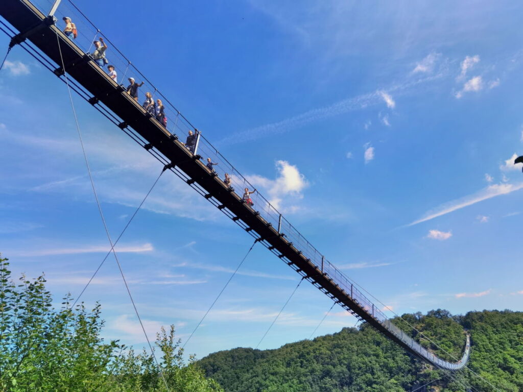 Diese 360 Meter lange Hängeseilbrücke überspannt die waldreiche Klamm im Hunsrück
